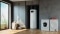 The image shows the Vitocal 060-A DHW heat pump in a modern utility room next to a washing machine and tumble dryer.